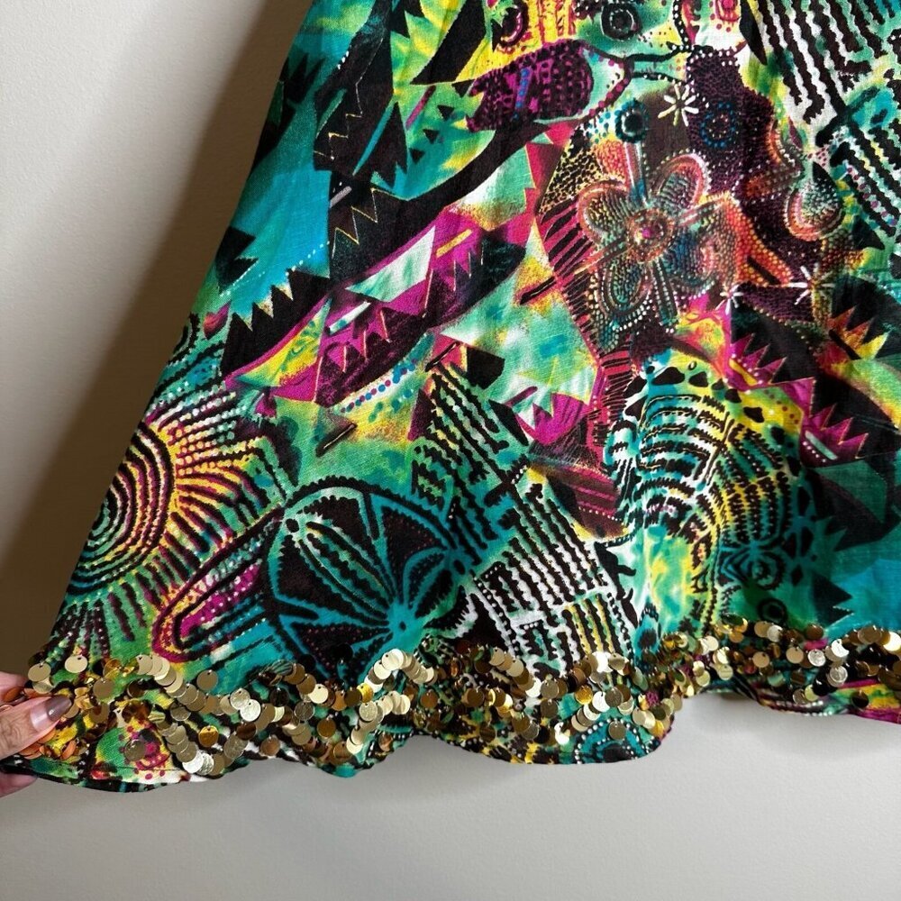 WD NY Skirt Sz 12 Colorful Astract Gold Pailettes Cotton Linen A Line Artsy Boho - Picture 3 of 9